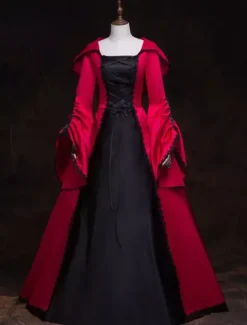 Victorian Dress Costume Women's Red Hooded Masquerade Ball Gowns Royal Long Trumpet sleeves Victoria Era Clothing retro Costume Burgundy