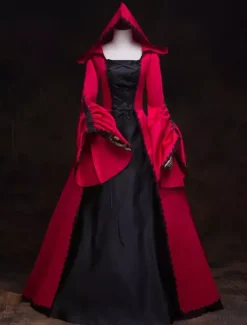Victorian Dress Costume Women's Red Hooded Masquerade Ball Gowns Royal Long Trumpet sleeves Victoria Era Clothing retro Costume Burgundy