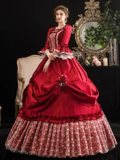 Victorian Dress Costumes Women's Red Trumpet Short Sleeves Victorian era Clothing Marie Antoinette Costume Dress Vintage Clothing Burgundy