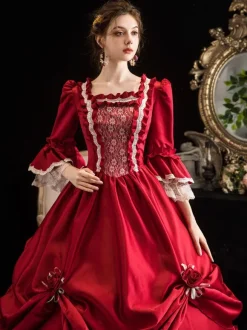 Victorian Dress Costumes Women's Red Trumpet Short Sleeves Victorian era Clothing Marie Antoinette Costume Dress Vintage Clothing Burgundy