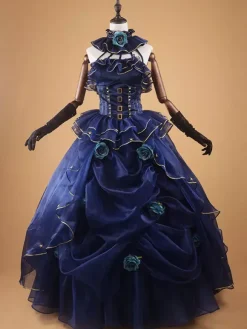 Victorian Dress Dark Blue Ruffle Flowers Beaded Ball Gown Dress Slevessless Costume
