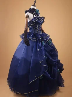 Victorian Dress Dark Blue Ruffle Flowers Beaded Ball Gown Dress Slevessless Costume