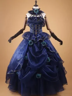 Victorian Dress Dark Blue Ruffle Flowers Beaded Ball Gown Dress Slevessless Costume
