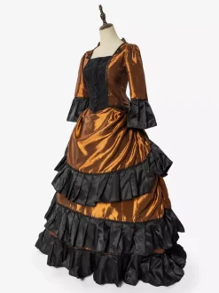 Victorian Dress Sets Vintage Style Orange Ruffles Long Sleeves Classic Retro Dress Set