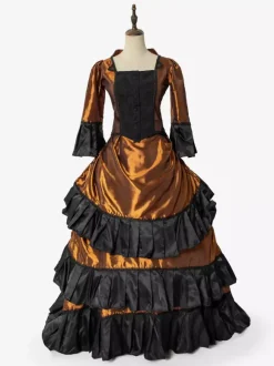 Victorian Dress Sets Vintage Style Orange Ruffles Long Sleeves Classic Retro Dress Set