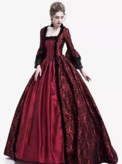 Victorian Retro Tudor Dress Gothic Trumpet Long sleeves Royal Blue Ball Gown Square neckline Costumes Burgundy
