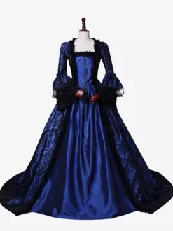 Victorian Retro Tudor Dress Gothic Trumpet Long sleeves Royal Blue Ball Gown Square neckline Costumes Burgundy