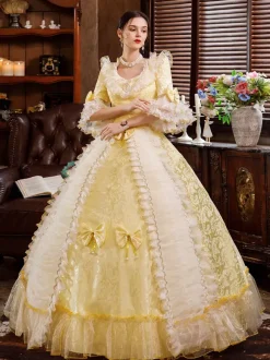 Victorian Retro Tudor Dress Costume White Rococo Lace Long Flared Sleeves Tunic Ball Gown Retro Tudor Dress Costumes With Bows