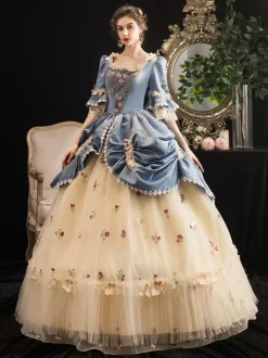 Victorian Retro Tudor Dress Costumes Women's Rococo Floral Print trumpet Short Sleeves Square Neckline Champagne Marie Antoinette Costume Masquerade Ball Gown Dress