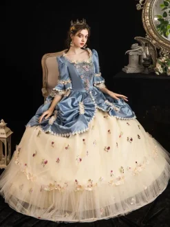 Victorian Retro Tudor Dress Costumes Women's Rococo Floral Print trumpet Short Sleeves Square Neckline Champagne Marie Antoinette Costume Masquerade Ball Gown Dress