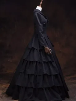 Victorian Retro Tudor Dress Costume Women's Black Retro Long Sleeves Ball Gown Lapel Marie Antoinette Costume Dress Victorian Era Style Outfits Costumes