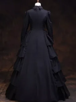 Victorian Retro Tudor Dress Costume Women's Black Retro Long Sleeves Ball Gown Lapel Marie Antoinette Costume Dress Victorian Era Style Outfits Costumes