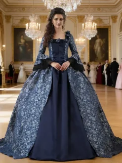 Victorian Retro Tudor Dress Costume Women's Marie Antoinette Dark Navy Ball Gown Floral Print Square Neckline Long Sleeves Victorian Era Style Vintage Dress