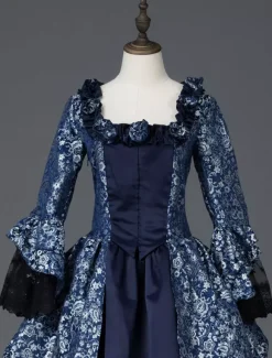 Victorian Retro Tudor Dress Costume Women's Marie Antoinette Dark Navy Ball Gown Floral Print Square Neckline Long Sleeves Victorian Era Style Vintage Dress