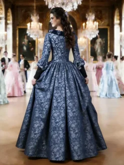 Victorian Retro Tudor Dress Costume Women's Marie Antoinette Dark Navy Ball Gown Floral Print Square Neckline Long Sleeves Victorian Era Style Vintage Dress
