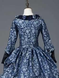 Victorian Retro Tudor Dress Costume Women's Marie Antoinette Dark Navy Ball Gown Floral Print Square Neckline Long Sleeves Victorian Era Style Vintage Dress