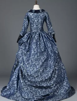 Victorian Retro Tudor Dress Costume Women's Marie Antoinette Dark Navy Ball Gown Floral Print Square Neckline Long Sleeves Victorian Era Style Vintage Dress