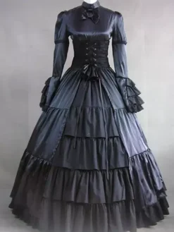 Victorian Retro Tudor Dress Costume Women's Black Satin Ruffle Long Sleeves Victorian era Outfits Retro Tudor Dress Costumes