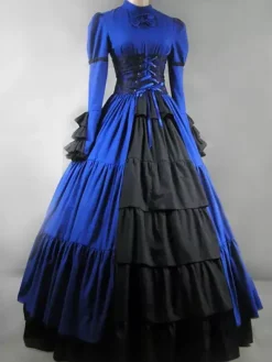 Victorian Retro Tudor Dress Costume Women's Black Satin Ruffle Long Sleeves Victorian era Outfits Retro Tudor Dress Costumes