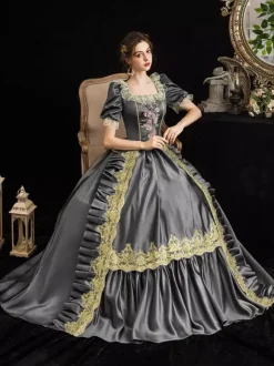 Victorian Retro Tudor Dress Costumes Women's Grey Retro Tudor Dress Costumes Women's Short Sleeves Square Neckline Lace Floral Marie Antoinette Vinctorian Era Clothing Costume Dress
