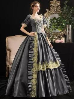 Victorian Retro Tudor Dress Costumes Women's Grey Retro Tudor Dress Costumes Women's Short Sleeves Square Neckline Lace Floral Marie Antoinette Vinctorian Era Clothing Costume Dress