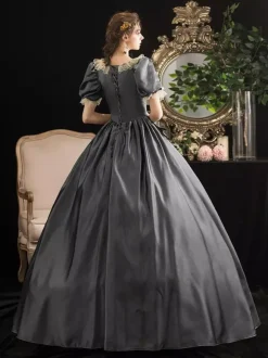 Victorian Retro Tudor Dress Costumes Women's Grey Retro Tudor Dress Costumes Women's Short Sleeves Square Neckline Lace Floral Marie Antoinette Vinctorian Era Clothing Costume Dress