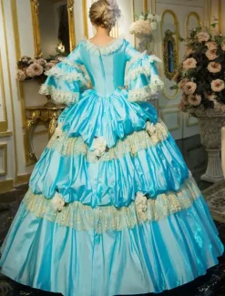 Victorian Retro Tudor Dress Costume Blue Retro Costume Rococo Tiered Bell Sleeves Princess Victorian era Clothing Retro Tudor Dress Costumes Dress