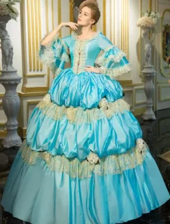 Victorian Retro Tudor Dress Costume Blue Retro Costume Rococo Tiered Bell Sleeves Princess Victorian era Clothing Retro Tudor Dress Costumes Dress
