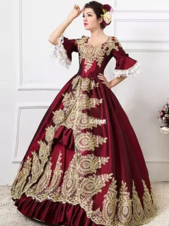 Victorian Retro Tudor Dress Costume Burgundy Rococo Red Ball Gown Costumes