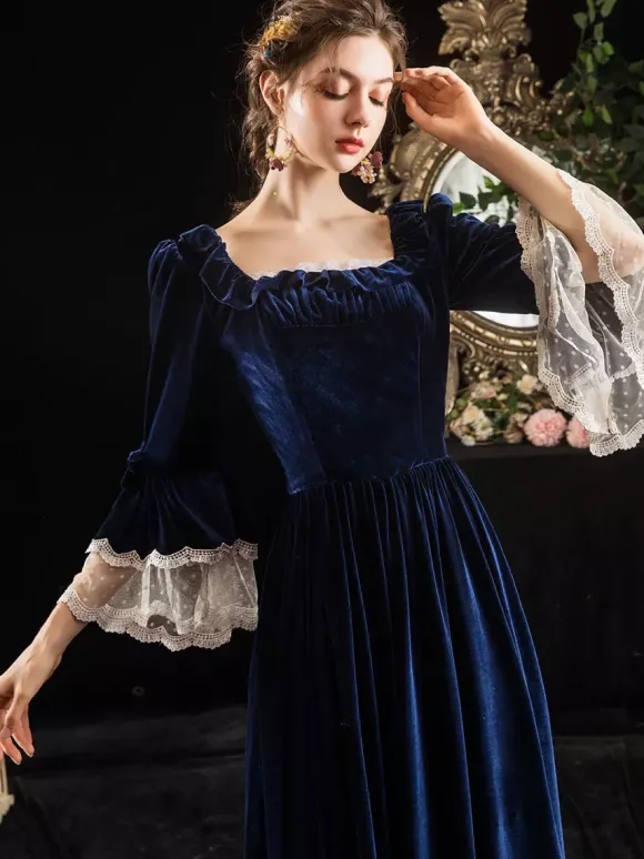 Victorian Retro Tudor Dress Costumes Velour Dark Navy Short Sleeves Square Neckline Lace Ruffle With Choker Victorian Costumes