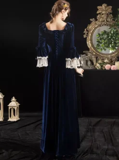 Victorian Retro Tudor Dress Costumes Velour Dark Navy Short Sleeves Square Neckline Lace Ruffle With Choker Victorian Costumes