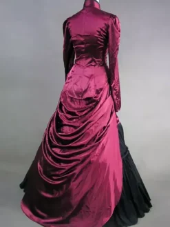 Victorian Retro Tudor Dress Costume Burgundy Satin Long Sleeves Women's High Collar Ruffle Ball Gown Victorian era Clothing Carnival