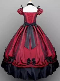 Victorian Retro Tudor Dress Costume Red Short Sleeves Pleated Carnival Vintage Evening Dress Burgundy