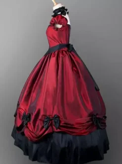 Victorian Retro Tudor Dress Costume Red Short Sleeves Pleated Carnival Vintage Evening Dress Burgundy