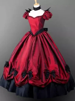 Victorian Retro Tudor Dress Costume Red Short Sleeves Pleated Carnival Vintage Evening Dress Burgundy