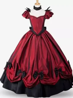 Victorian Retro Tudor Dress Costume Red Short Sleeves Pleated Carnival Vintage Evening Dress Burgundy