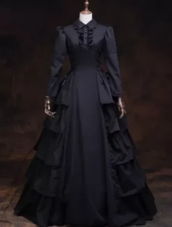 Victorian Retro Tudor Dress Costume Women's Black Ruffles Masquerade Ball Gowns Long Sleeves lapel Victoria Era Clothing Retro Costume