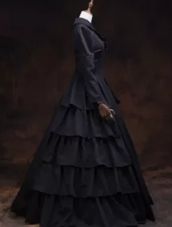 Victorian Retro Tudor Dress Costume Women's Black Ruffles Masquerade Ball Gowns Long Sleeves lapel Victoria Era Clothing Retro Costume