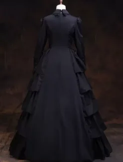 Victorian Retro Tudor Dress Costume Women's Black Ruffles Masquerade Ball Gowns Long Sleeves lapel Victoria Era Clothing Retro Costume