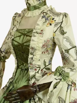 Victorian Retro Tudor Dress Costume Green Retro Tudor Dress Costumes Long Sleeves Square Neckline Ball Gown Floral Print with Choker Victorian Era Clothing Marie Antoinette Costume Set