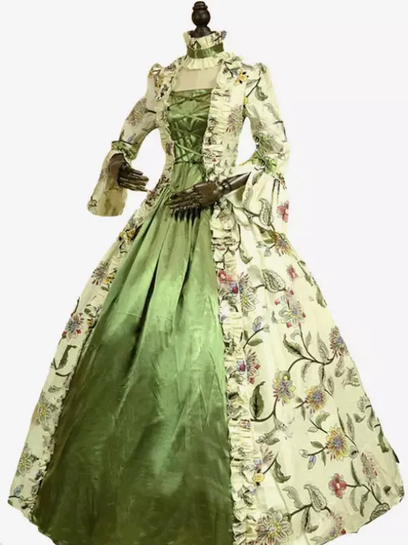 Victorian Retro Tudor Dress Costume Green Retro Tudor Dress Costumes Long Sleeves Square Neckline Ball Gown Floral Print with Choker Victorian Era Clothing Marie Antoinette Costume Set