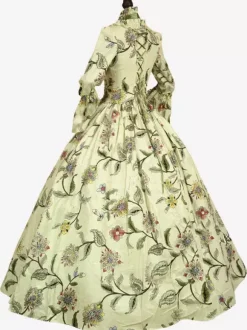 Victorian Retro Tudor Dress Costume Green Retro Tudor Dress Costumes Long Sleeves Square Neckline Ball Gown Floral Print with Choker Victorian Era Clothing Marie Antoinette Costume Set