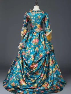 Victorian Retro Tudor Dress Costume Women's Teal Floral Print Bow Ruffle Matte Satin Set Marie Antoinette Rococo Half Sleeves Victorian Era Style Vintage Dress