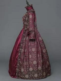 Victorian Retro Tudor Dress Costume Women's Baroque Masquerade Ball Gowns Burgundy Floral Long Sleeves with Choker Victorian Era Clothing with hat Retro Tudor Dress Costumes