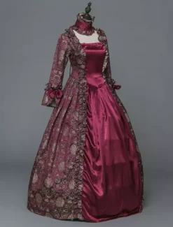 Victorian Retro Tudor Dress Costume Women's Baroque Masquerade Ball Gowns Burgundy Floral Long Sleeves with Choker Victorian Era Clothing with hat Retro Tudor Dress Costumes