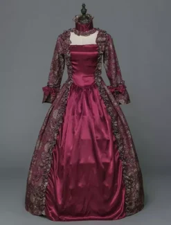 Victorian Retro Tudor Dress Costume Women's Baroque Masquerade Ball Gowns Burgundy Floral Long Sleeves with Choker Victorian Era Clothing with hat Retro Tudor Dress Costumes