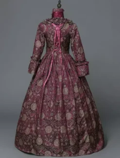 Victorian Retro Tudor Dress Costume Women's Baroque Masquerade Ball Gowns Burgundy Floral Long Sleeves with Choker Victorian Era Clothing with hat Retro Tudor Dress Costumes