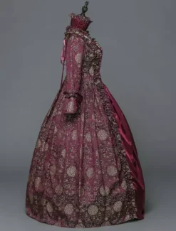 Victorian Retro Tudor Dress Costume Women's Baroque Masquerade Ball Gowns Burgundy Floral Long Sleeves with Choker Victorian Era Clothing with hat Retro Tudor Dress Costumes