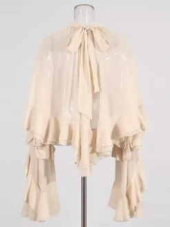 Victorian Ruffle Blouse For Women - Fairycore Mock Neck Tiered Flare Sleeve Sheer Top - Spring Date Night Party 2026