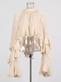 Victorian Ruffle Blouse For Women - Fairycore Mock Neck Tiered Flare Sleeve Sheer Top - Spring Date Night Party 2026
